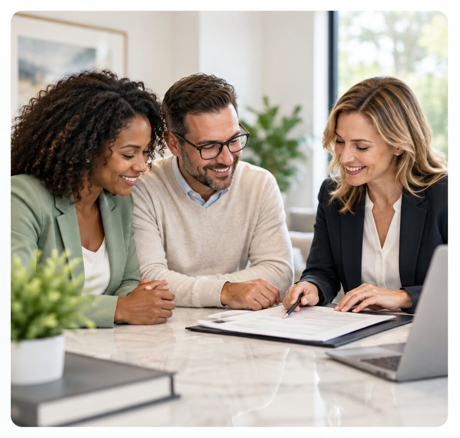 Homebuyers reviewing closing documents with their settlement professional