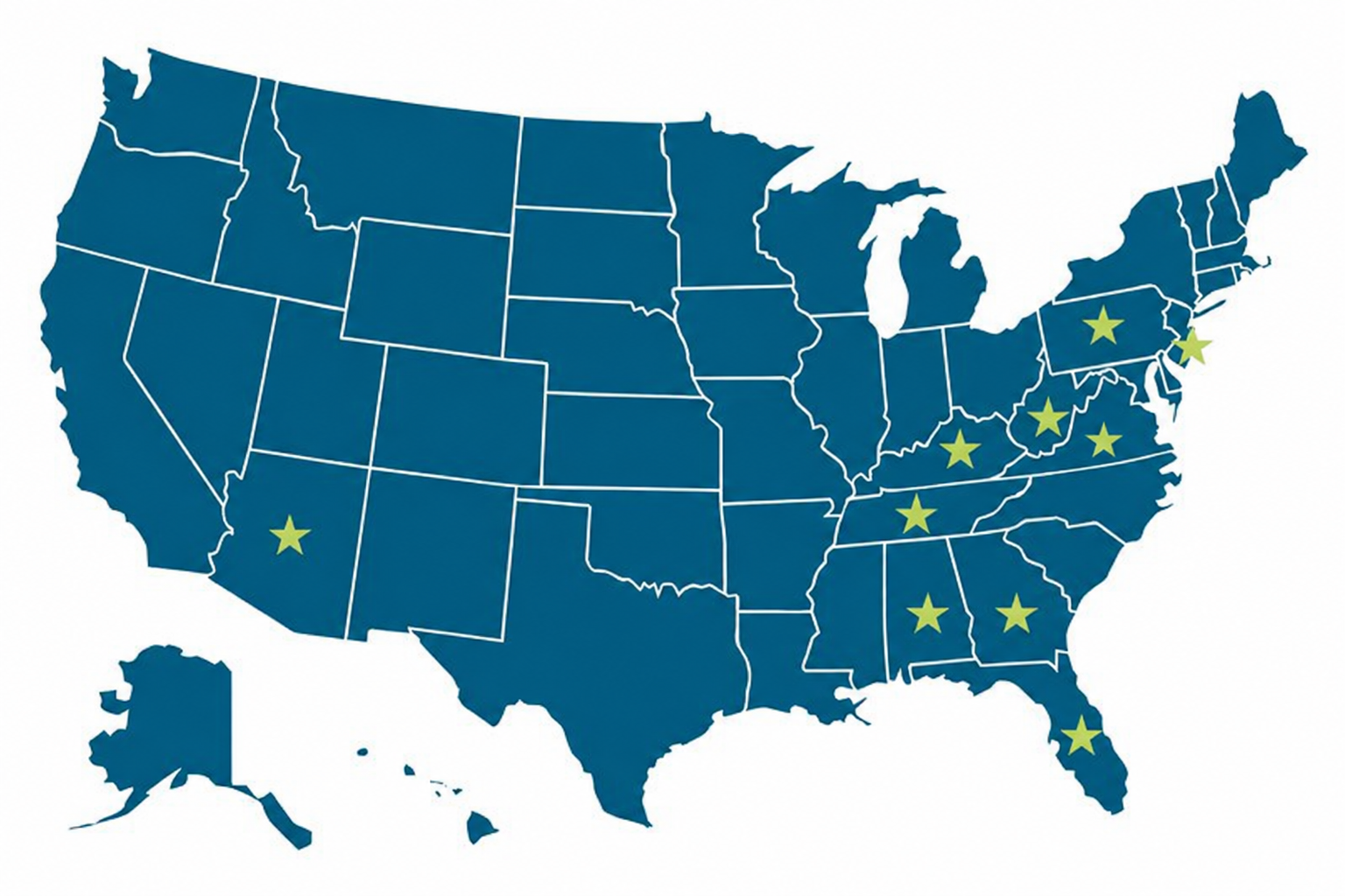 Map of the United States showing Stalwart Settlement Services coverage in Pennsylvania, Alabama, Georgia, Florida, West Virginia, New Jersey, Tennessee, Kentucky, Arizona, and Virginia.